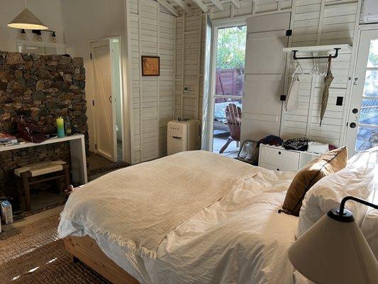 Poolside room with back patio and unique shower and bath