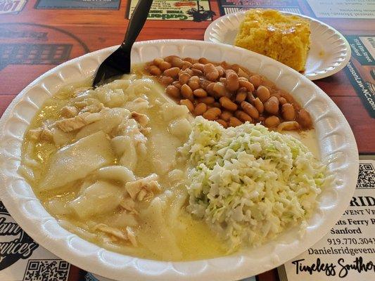 Chicken & dumplings, pintos, slaw. And an unwelcoming attitude.