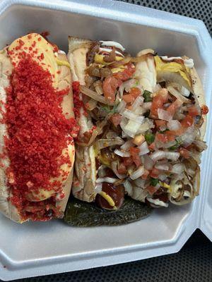 Hot Cheeto cheese dog and two regular dogs