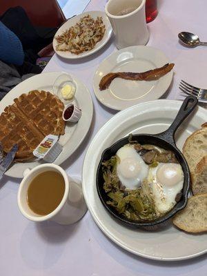 Top is Belgian waffle and bottom is eggs en cocotte