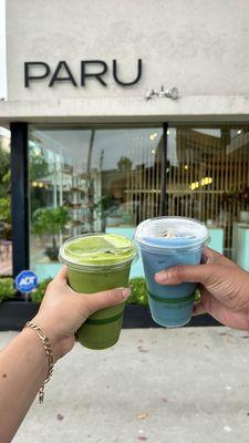 Matcha latte (left) and blue chamomile (right)