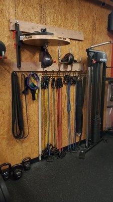 We have several bands, tubes, kettle bells and even a speed bag.