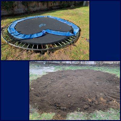 Removal of trampoline and adding dirt.