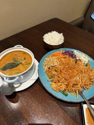 Red curry and Pad Thai noodles with chicken