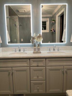 Lighted Medical Cabinets, Quartz Counter with Double Vanity