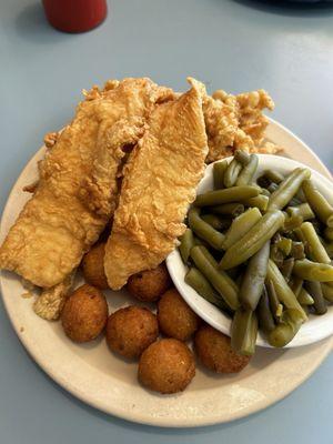 Fried fish, clam strips, hush puppies and green beans