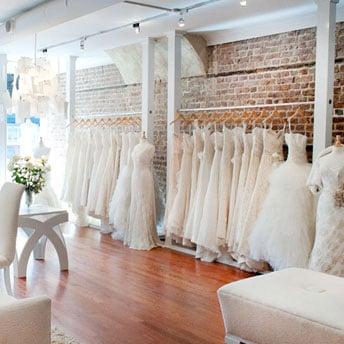 Interior view of Modern Trousseau Charleston's selection of bridal gowns.