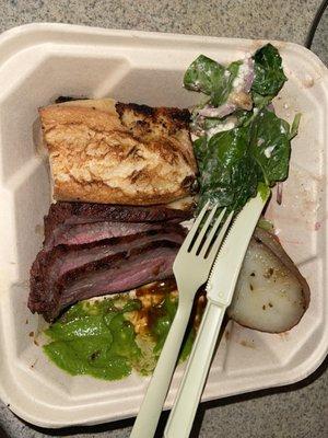 Tri tip plate, roasted potato, spinach salad mix, and 2 sauces