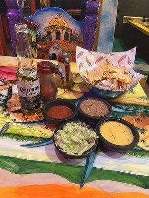 Guacamole, Queso, Salsa and Frijoles