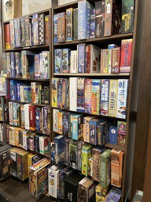 Two of the several bookshelves of games you can choose from!