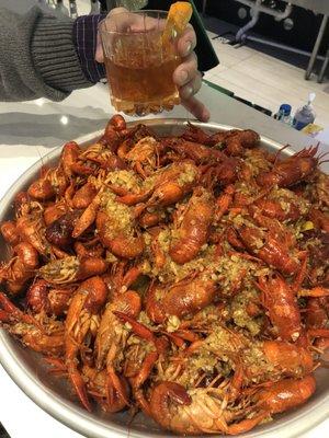 5 pounds of wonderful crawfish with an old fashioned