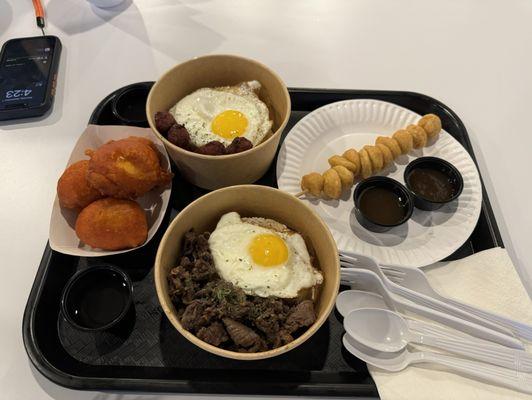 Tapsilog, longsilog, tokneneng and fish balls