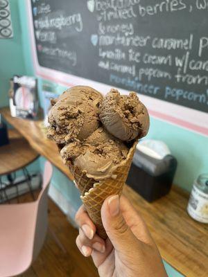 Medium sized waffle cone, chocolate ice cream