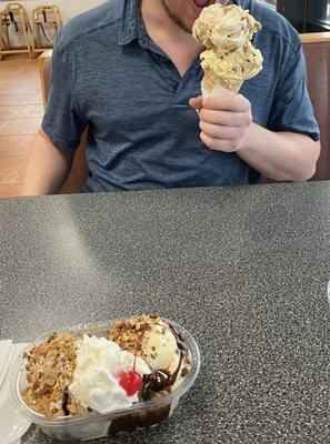 Two scoop waffle cone and two scoop sundae