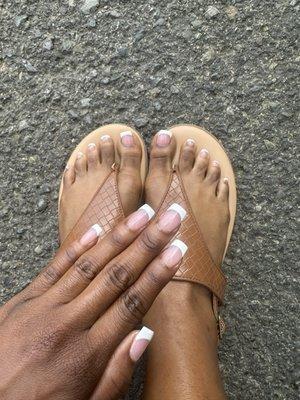 Short French acrylic nails and French pedicure