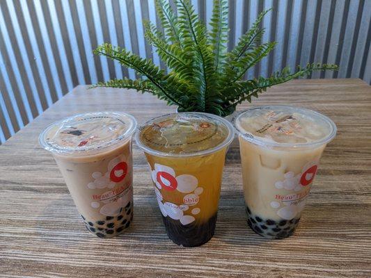 Oolong milk tea, Lychee Beautea, and Wintermelon milk tea, all with boba (left to right)