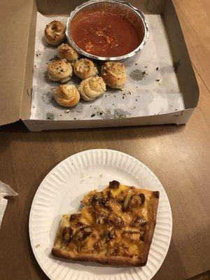 Garlic knots with sauce and the chicken bacon ranch