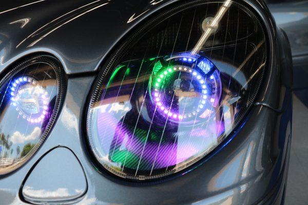 Custom LED headlights on a Mercedes E55 AMG