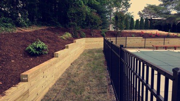 Retaining wall project and mulching.