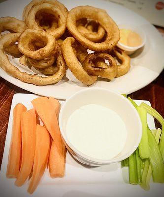 Side of Onion Rings and Side of Fresh Celery & Carrots w/ Blue Cheese Dressing.   Tasty