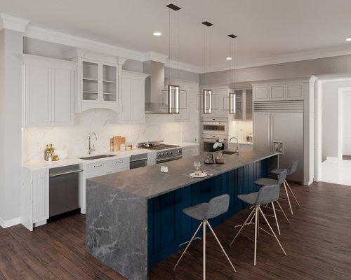 Kitchen island with blue cabinetry and grey countertop