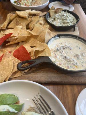 Loaded Queso and Spinachc and Artichoke dip