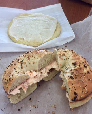 Toasted everything bagel with lox cream cheese and a frosted sugar cookie.