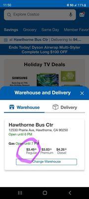 12/7/24 On the Costco website, reg gas unleaded $3.49/gal
