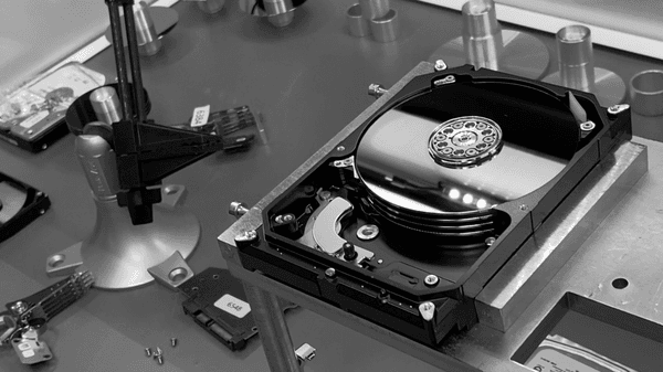 Data Recovery, opened hard drive inside a clean room.