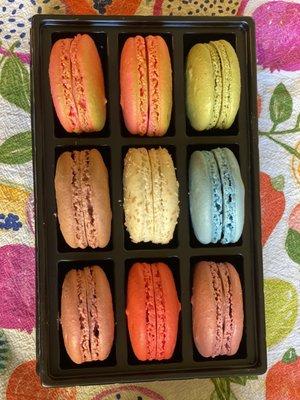 Watermelon, pistachio, milk chocolate, piña colada, salted caramel, passion fruit, strawberry & raspberry macarons.