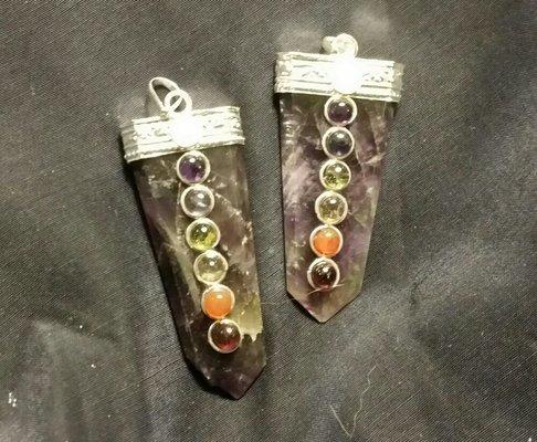 7 chakra stones on an amethyst pendant.