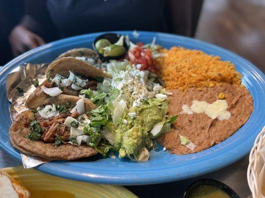 Carnitas tacos, Refried Beans, rice