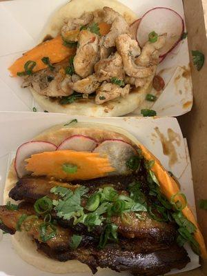 Pork belly bao and chicken bao.