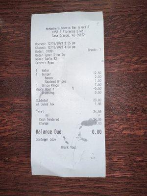 My receipt of my meal that I didn't eat.