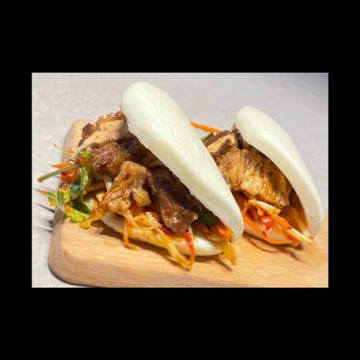 Pork Belly Bao Buns w/ spicy garlic slaw and spicy mayo