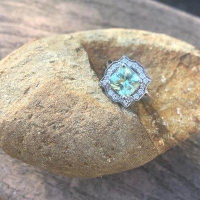 Beautiful custom ring with rare mint tourmaline center stone!