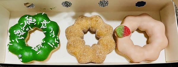 Matcha, Churro, Strawberry Cheesecake mochi donuts