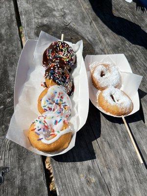 Vanilla sprinkles, chocolate sprinkles, funnel Cake donuts