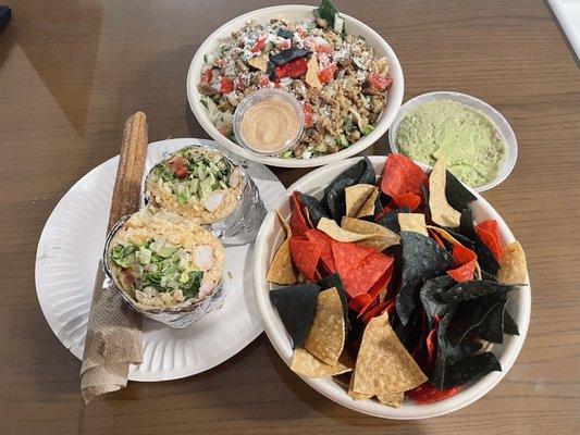 Shrimp burrito, Tizanda salad, chips & guac