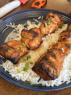 Chicken Kabob with Rice! Big chunks with great seasoning and awesome basmati rice!