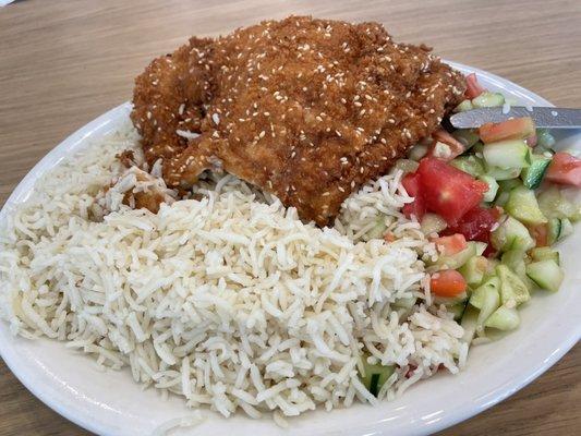 Schnitzel with rice and Israeli salad