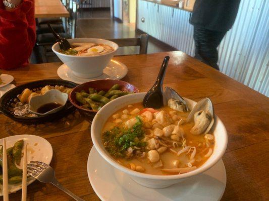 Seafood ramen w garlic edamame and calamari. Yum.