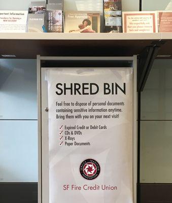 Have sensitive materials? Prevent fraud and identity theft by disposing of them in our shred bin.