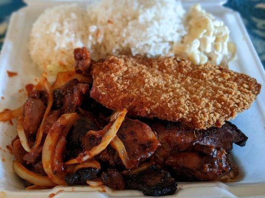 3 Meat Combo: BBQ Chicken, Island Fire Chicken, Island White Fish with White Rice and Mac Salad.