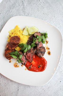 Hanger Steak with Fried Plantains and Saffron Rice