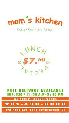 Lunch Special starting from $7.50  free delivery available
Rutherford, East Rutherford, Carlstadt, Moonachie, Lyndhurst areas