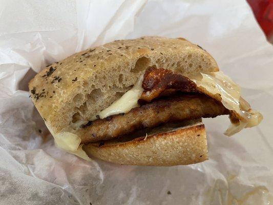 Grab and Go- sausage egg and cheese on their amazing house made focaccia bread