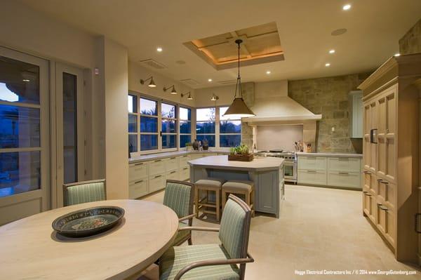 Multiple light sources help to create different scenes in this kitchen; showcasing 5" LED recessed lighting.