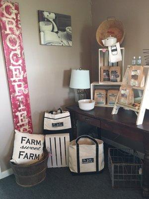 They sell Farmhouse decor, market totes, Flour and Baking mixes that they grow, mill, and package on the farm.