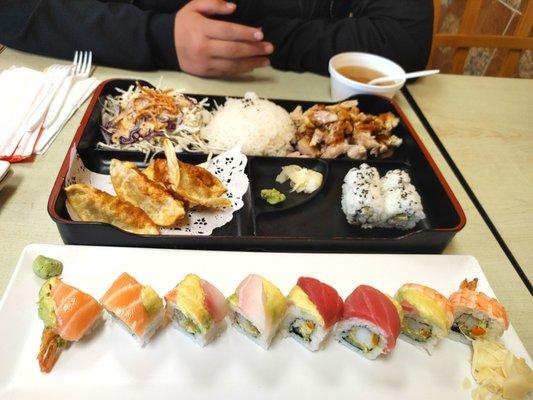 Rainbow roll and teriyaki plate